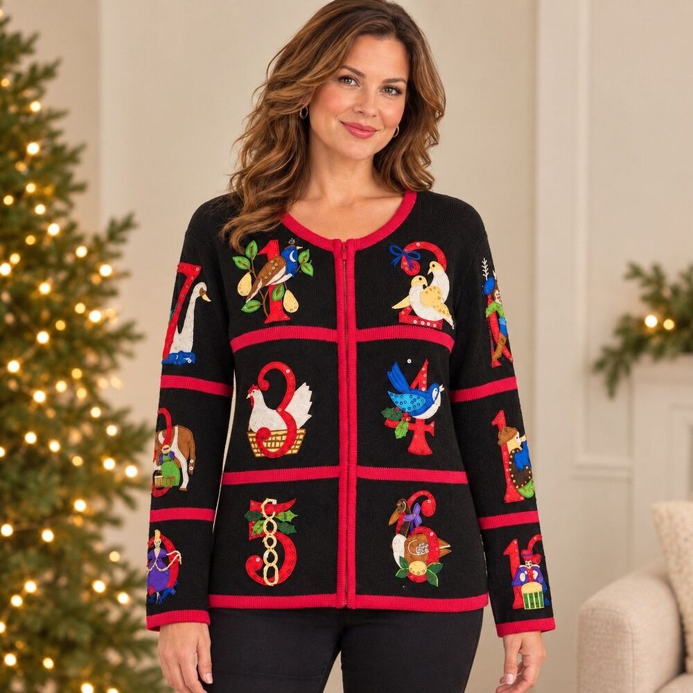 Tiara International 12 Days of Christmas Cardigan Sweater Size L Vintage Holiday